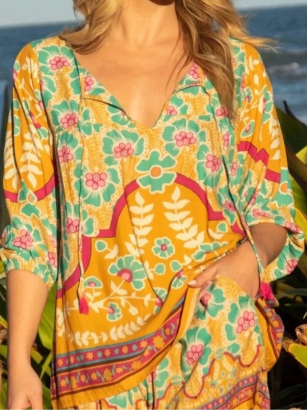 Natural Life Floral Boho Top Tassels 3/4 Sleeve Oversized Size Small